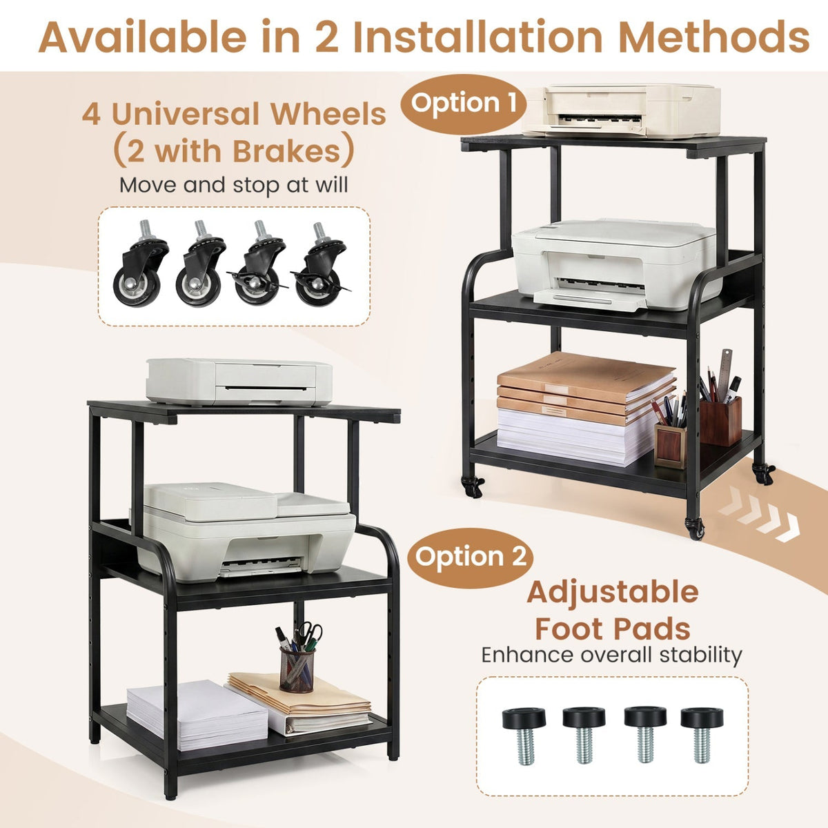 3-Tier Rolling Printer Stand with Adjustable Shelf