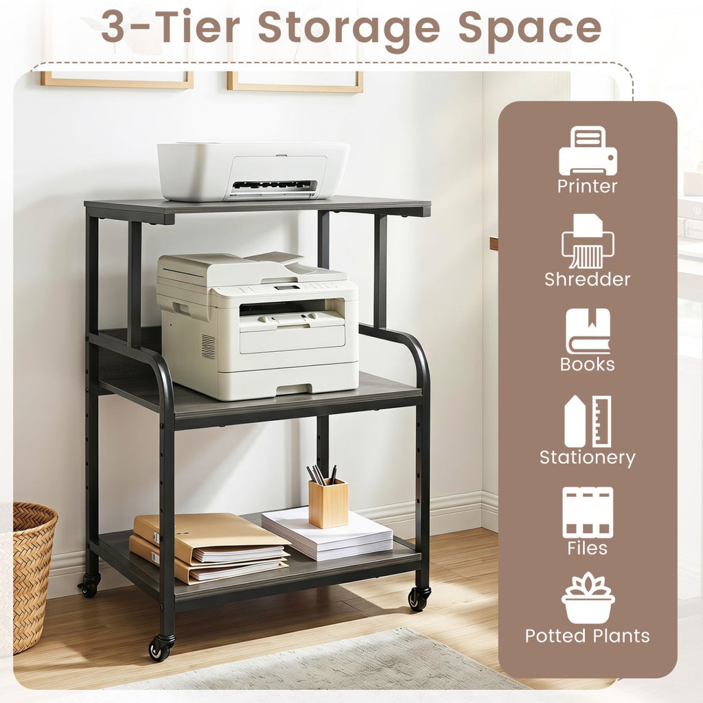 3-Tier Rolling Printer Stand with Adjustable Shelf