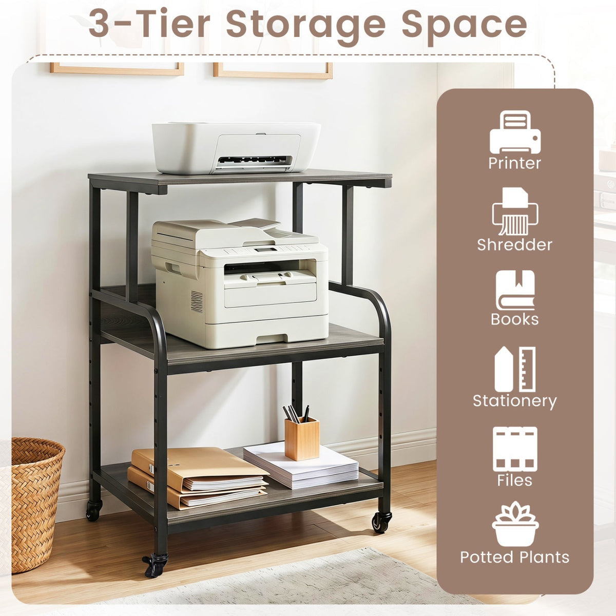 3-Tier Rolling Printer Stand with Adjustable Shelf