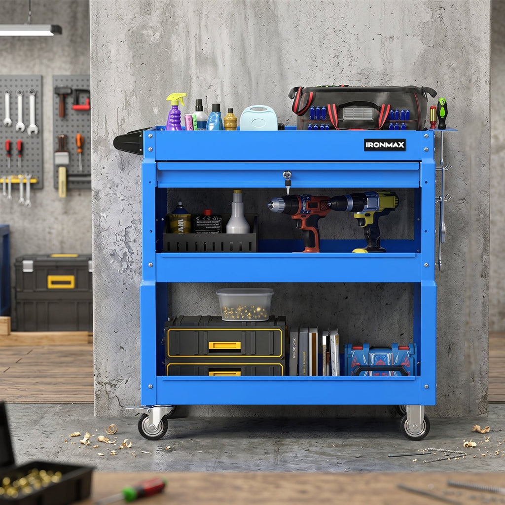 3-Tier Rolling Tool Cart with Lockable Drawer