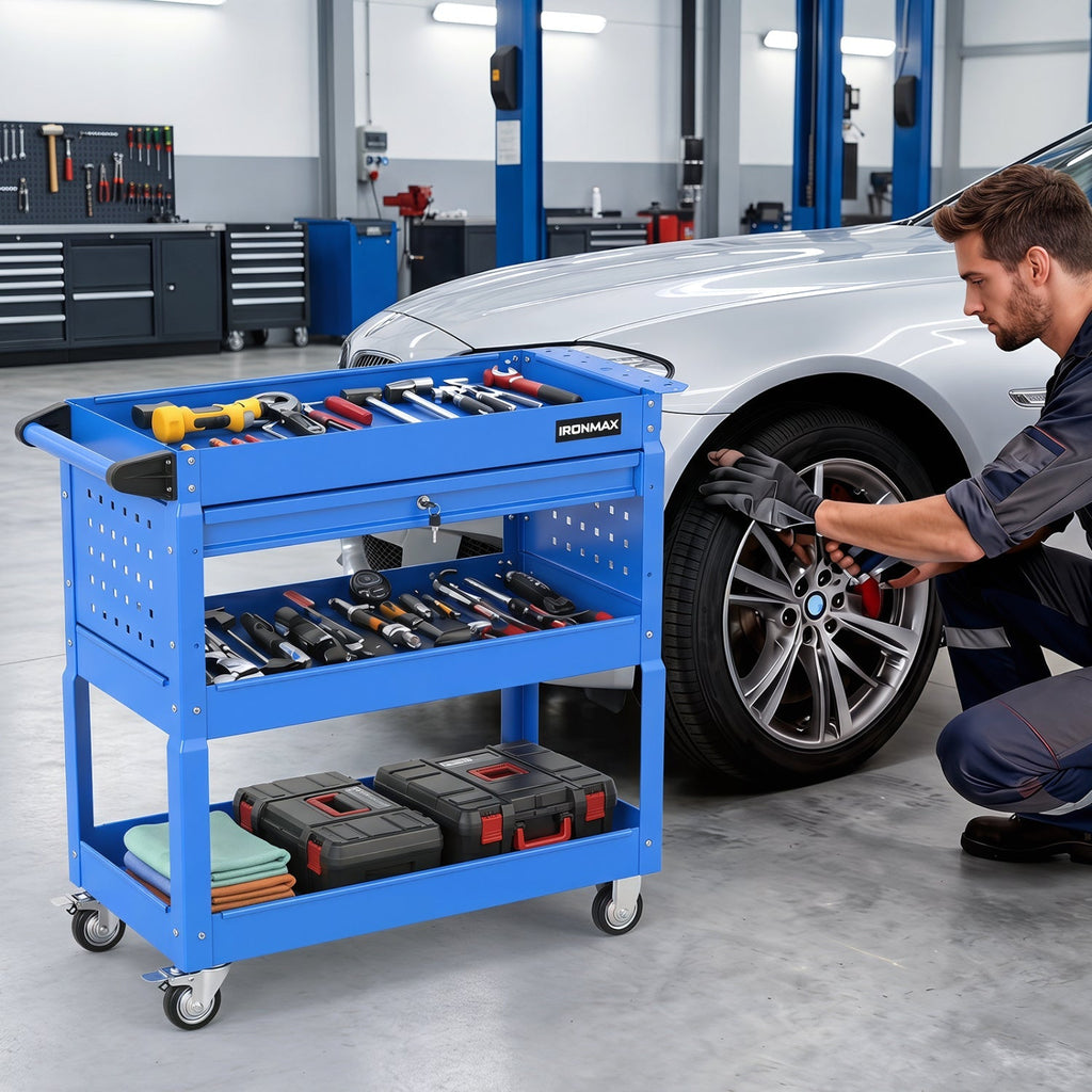 3-Tier Rolling Tool Cart with Lockable Drawer