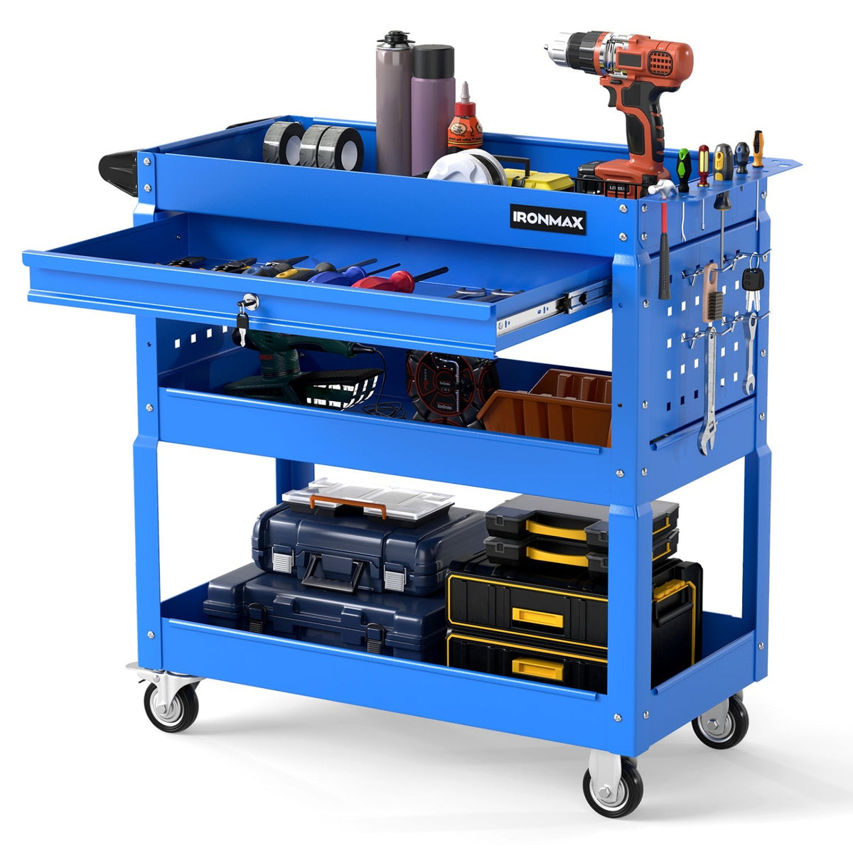 3-Tier Rolling Tool Cart with Lockable Drawer