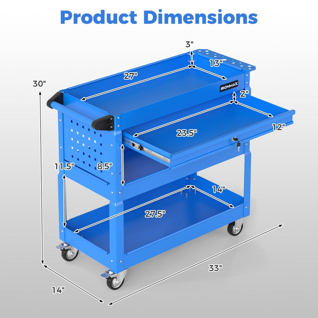 3-Tier Rolling Tool Cart with Lockable Drawer