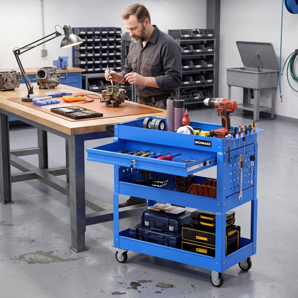 3-Tier Rolling Tool Cart with Lockable Drawer