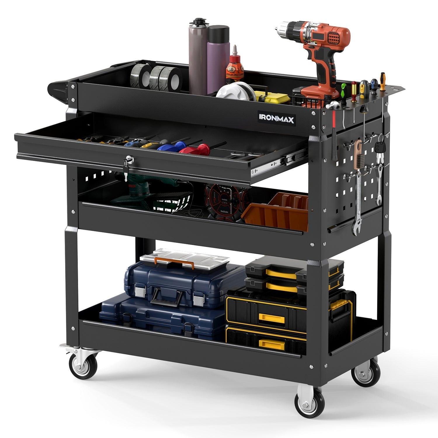 3-Tier Rolling Tool Cart with Lockable Drawer