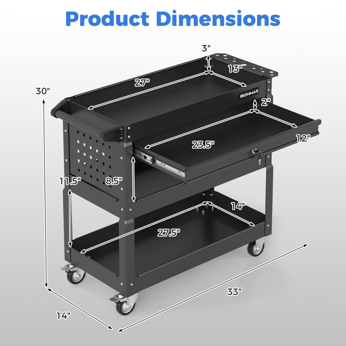 3-Tier Rolling Tool Cart with Lockable Drawer