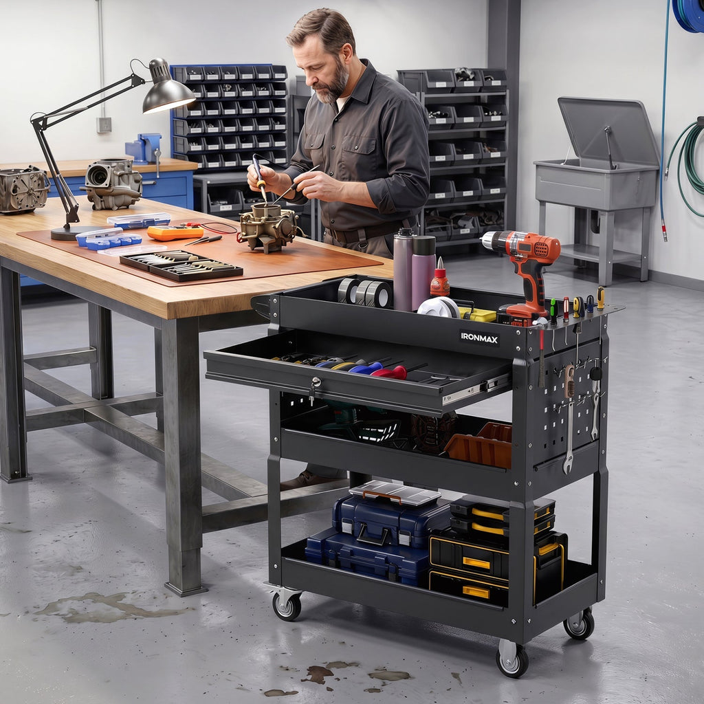 3-Tier Rolling Tool Cart with Lockable Drawer