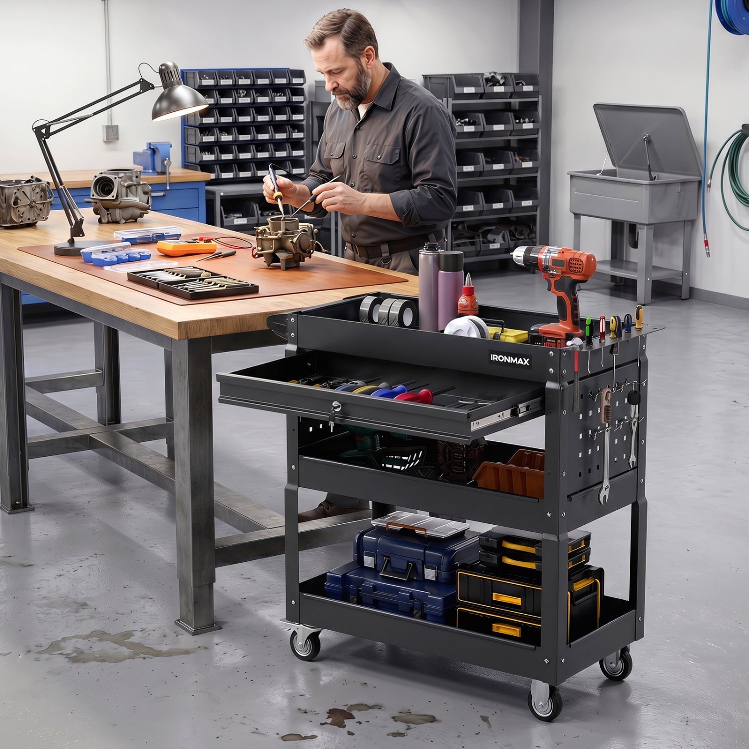 3-Tier Rolling Tool Cart with Lockable Drawer