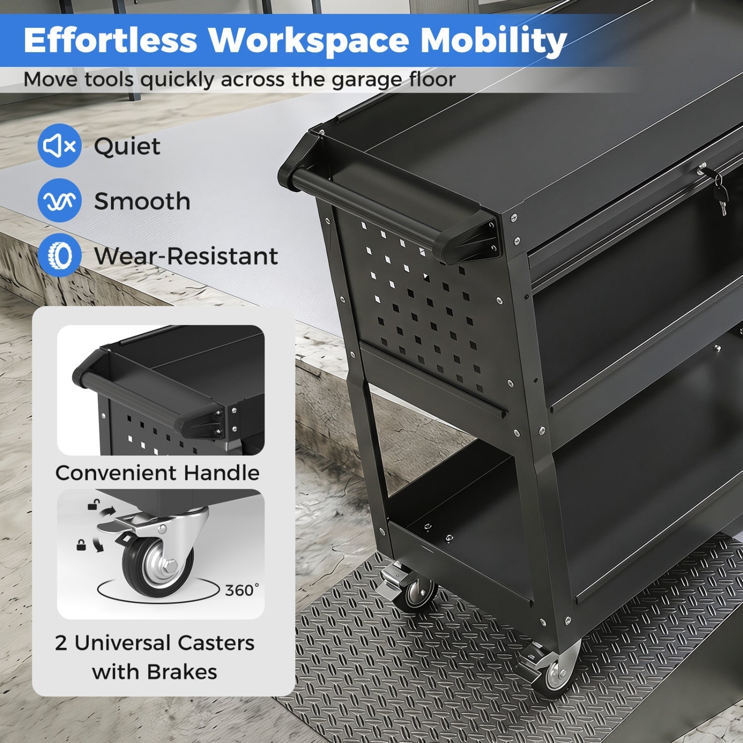 3-Tier Rolling Tool Cart with Lockable Drawer