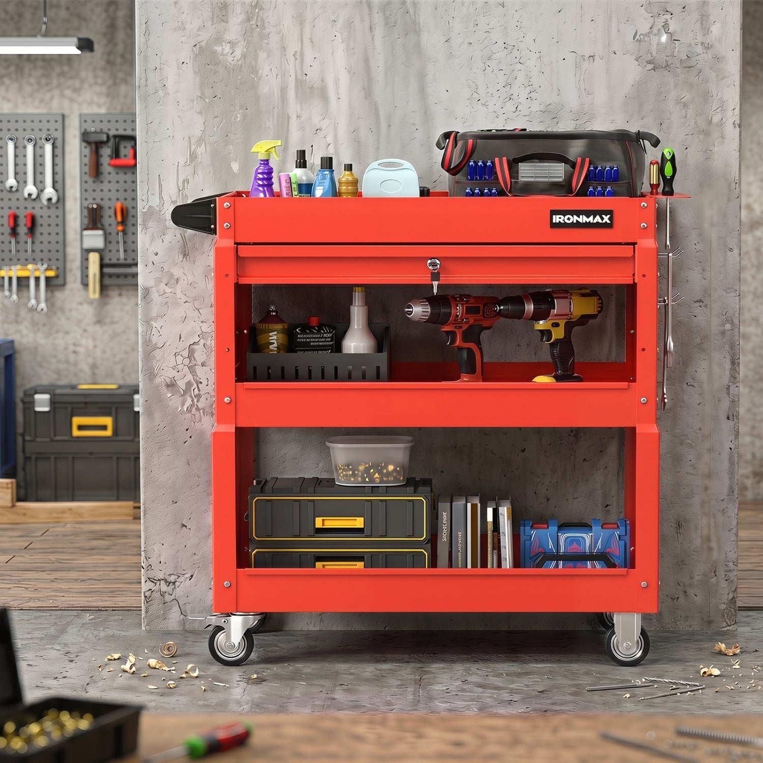3-Tier Rolling Tool Cart with Lockable Drawer