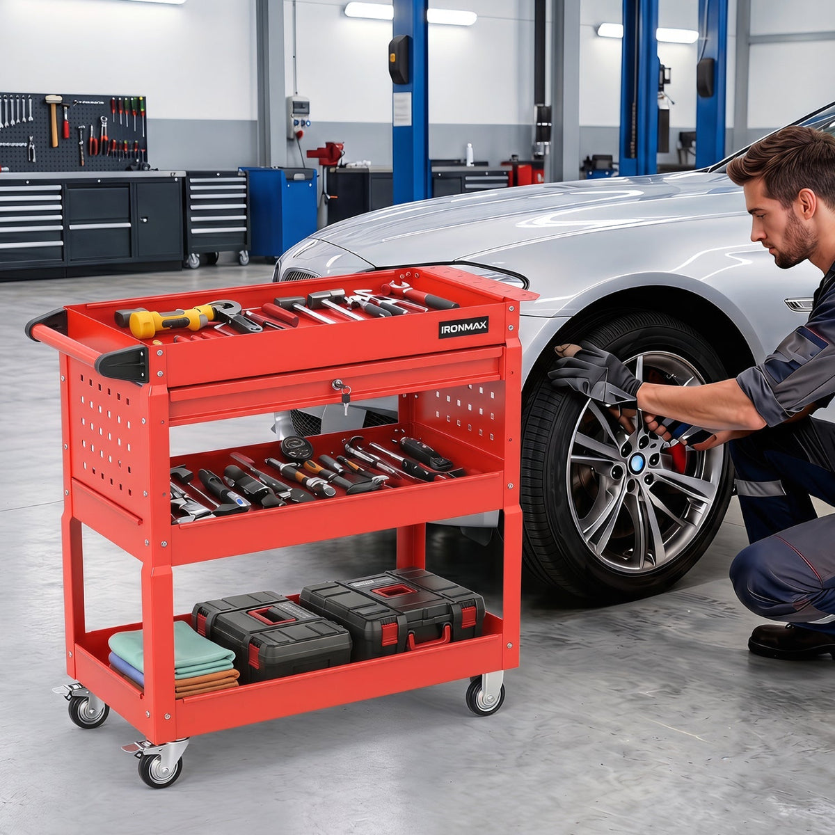 3-Tier Rolling Tool Cart with Lockable Drawer