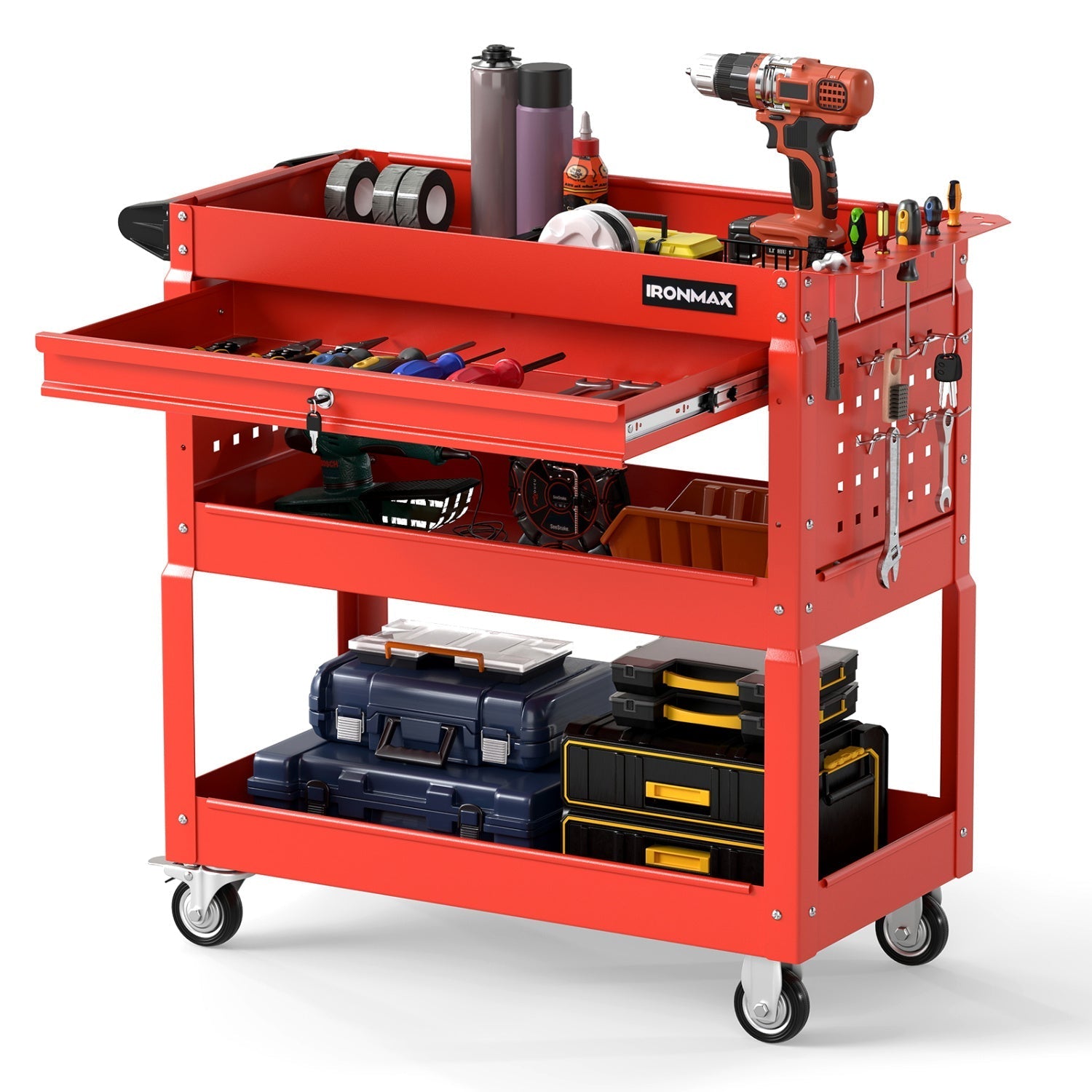 3-Tier Rolling Tool Cart with Lockable Drawer
