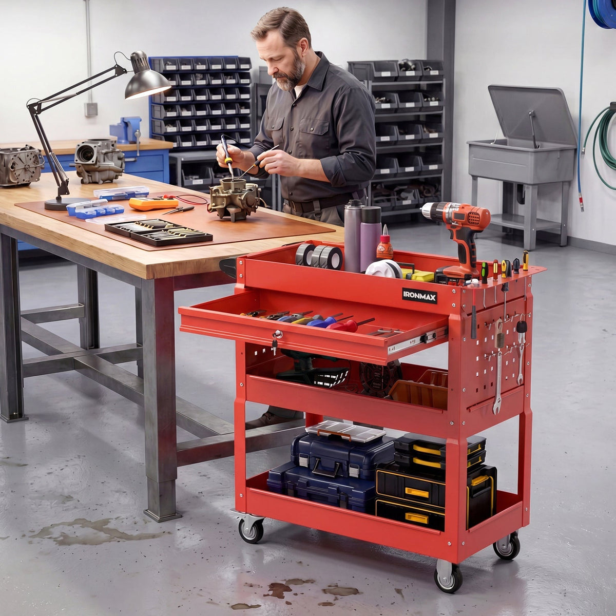 3-Tier Rolling Tool Cart with Lockable Drawer