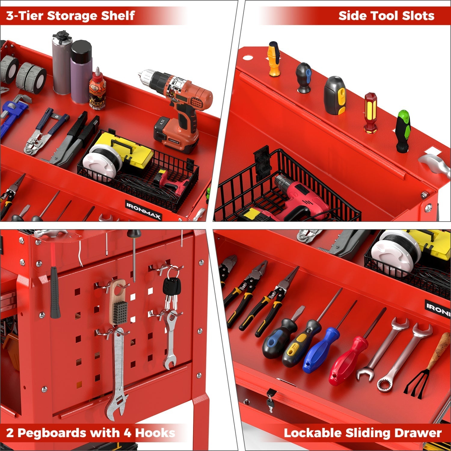 3-Tier Rolling Tool Cart with Lockable Drawer