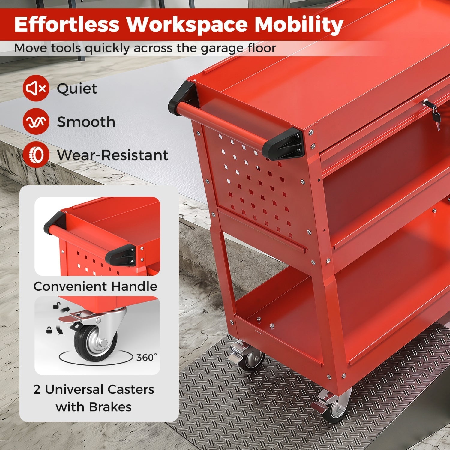 3-Tier Rolling Tool Cart with Lockable Drawer