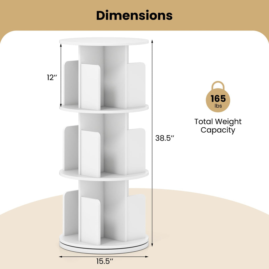 3-Tier Rotating Bookshelf with Dividers and Anti-falling Baffles