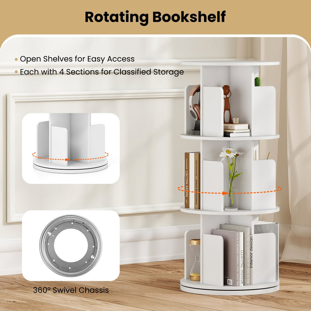 3-Tier Rotating Bookshelf with Dividers and Anti-falling Baffles