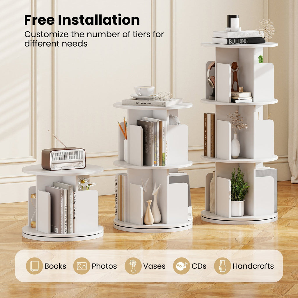 3-Tier Rotating Bookshelf with Dividers and Anti-falling Baffles