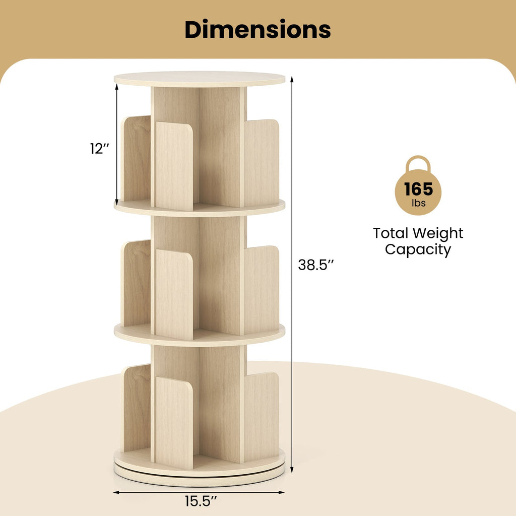 3-Tier Rotating Bookshelf with Dividers and Anti-falling Baffles