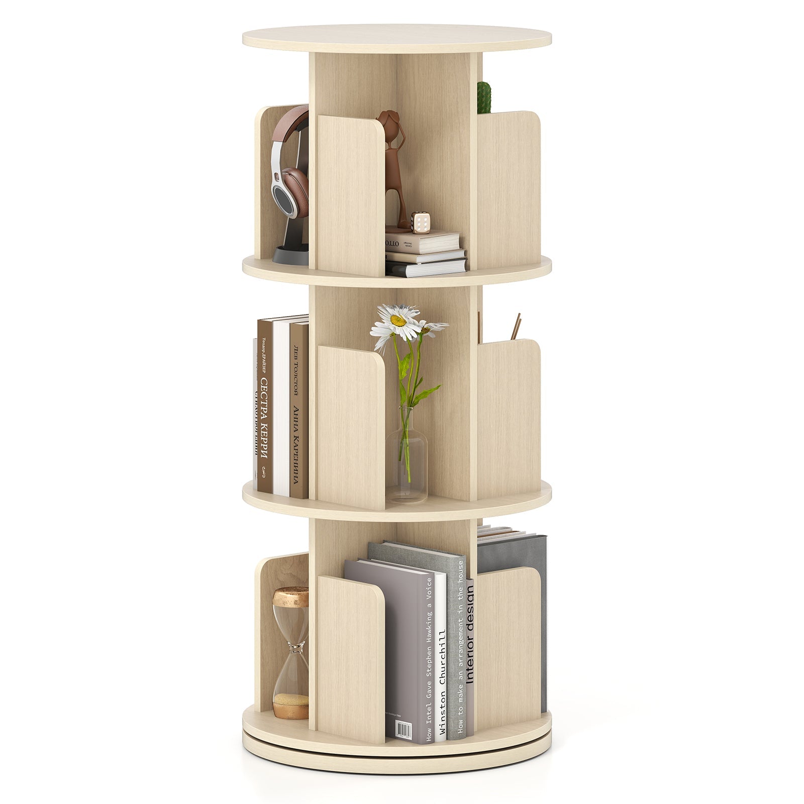 3-Tier Rotating Bookshelf with Dividers and Anti-falling Baffles