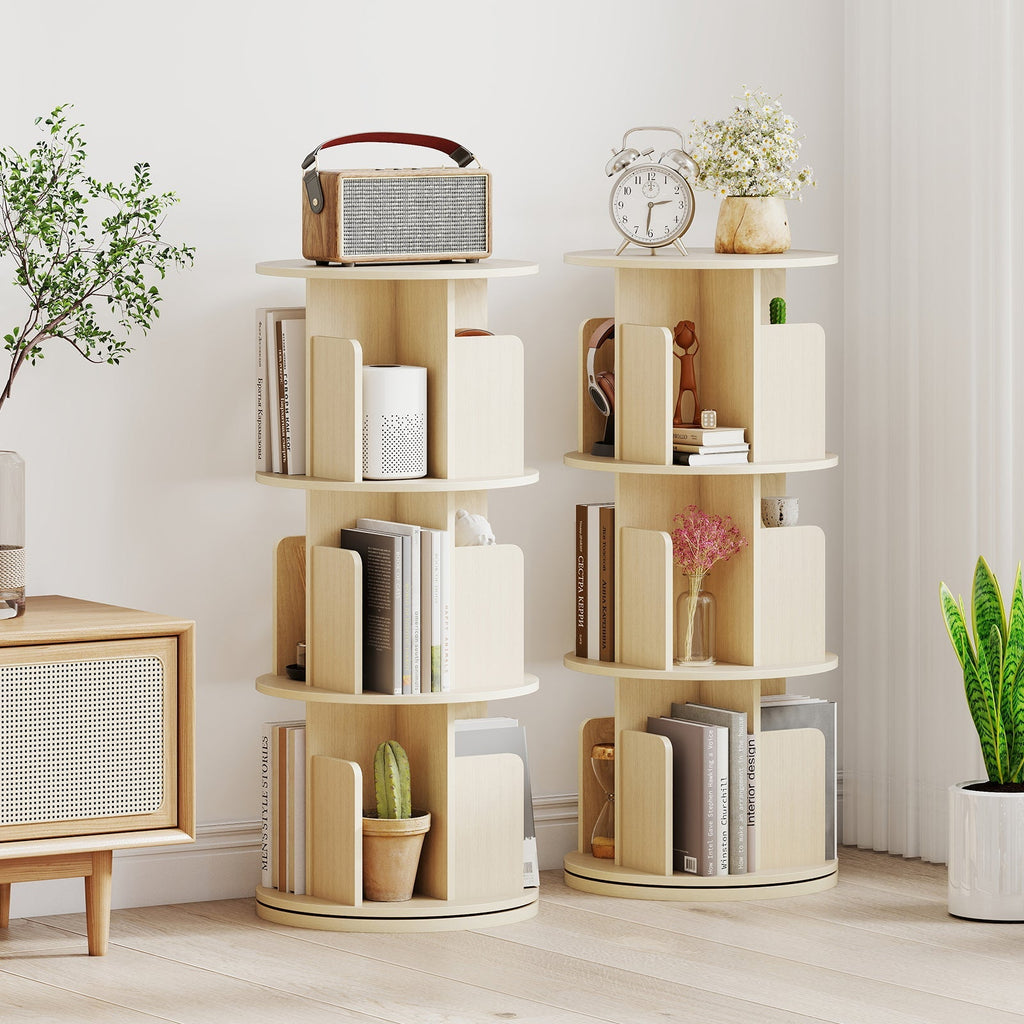 3-Tier Rotating Bookshelf with Dividers and Anti-falling Baffles