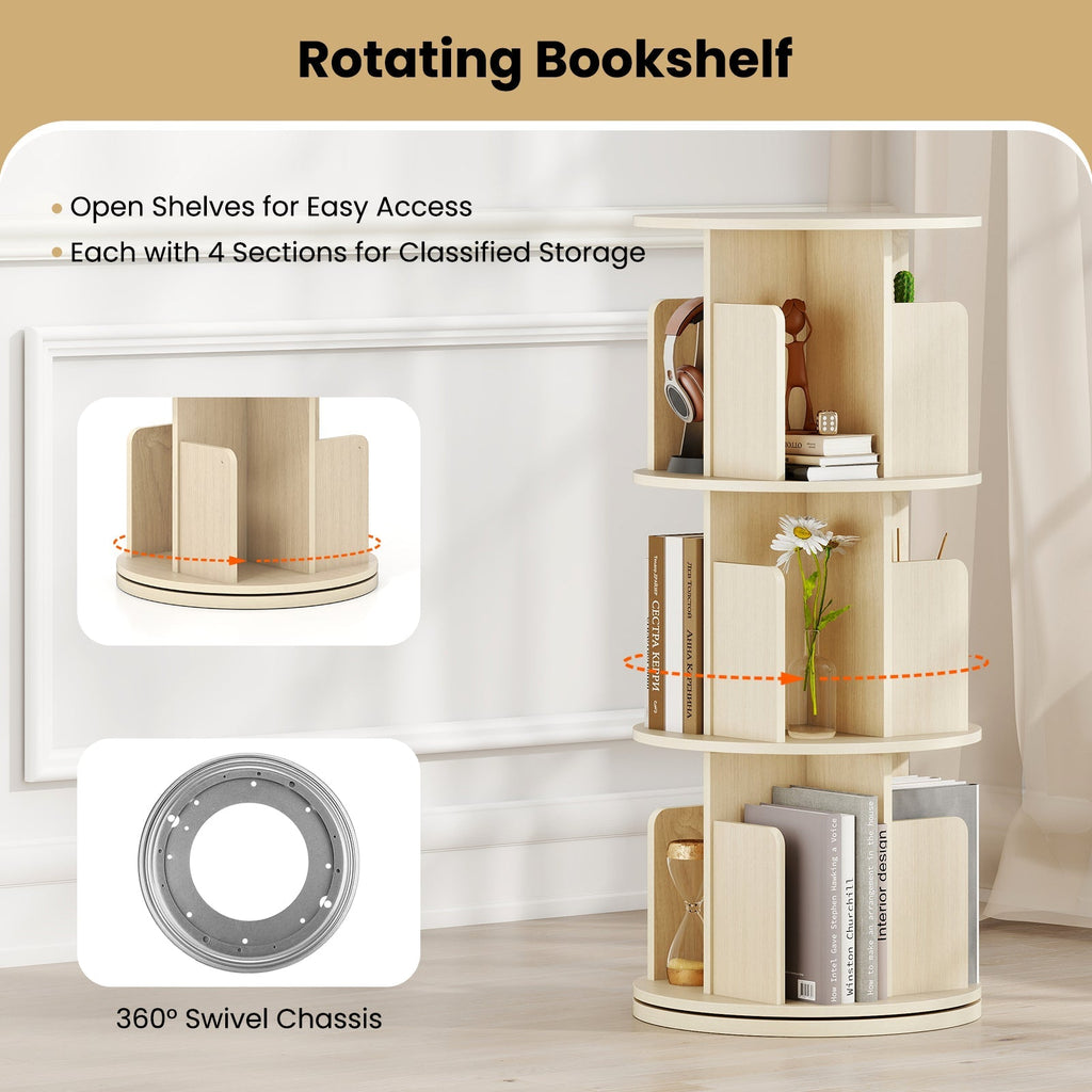 3-Tier Rotating Bookshelf with Dividers and Anti-falling Baffles
