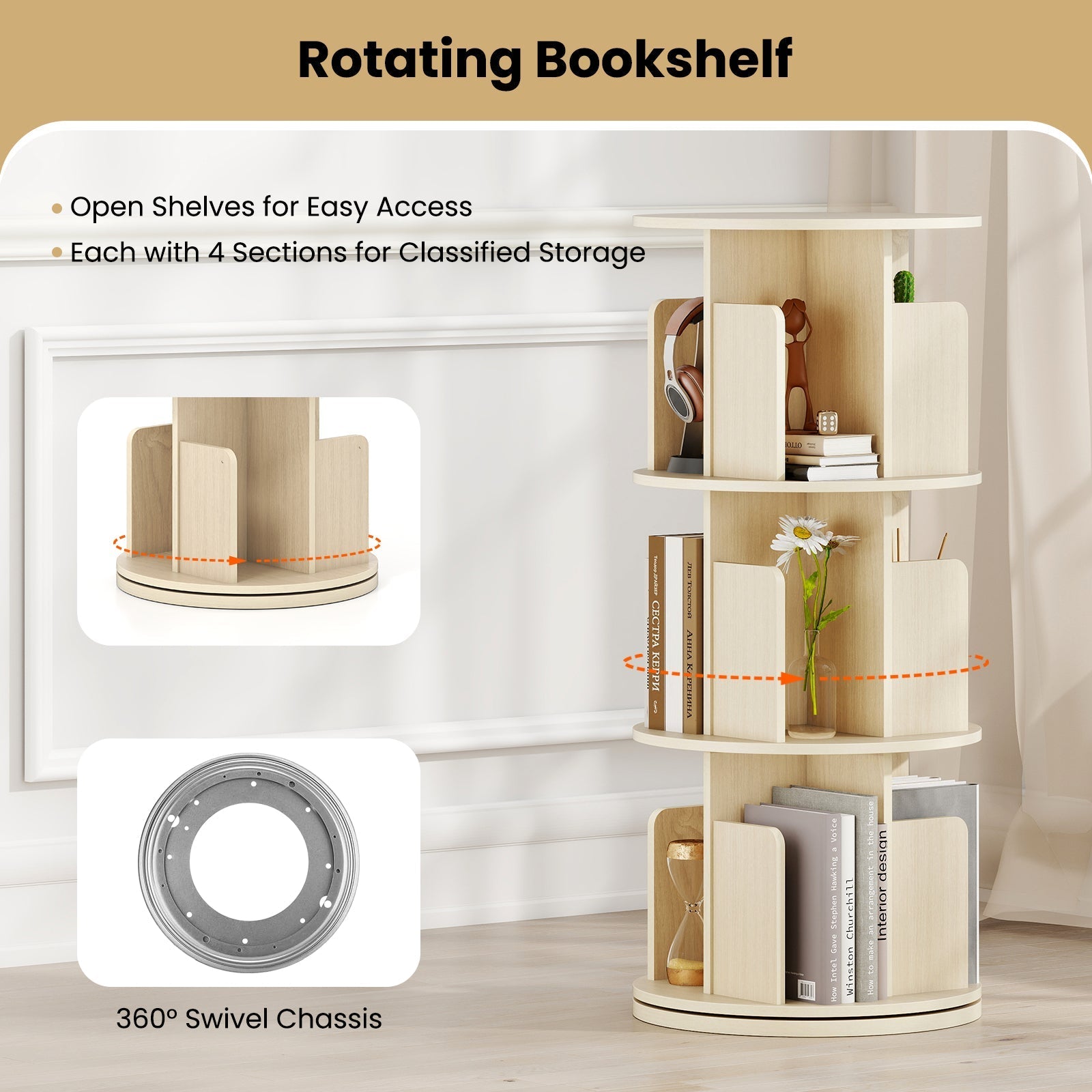 3-Tier Rotating Bookshelf with Dividers and Anti-falling Baffles