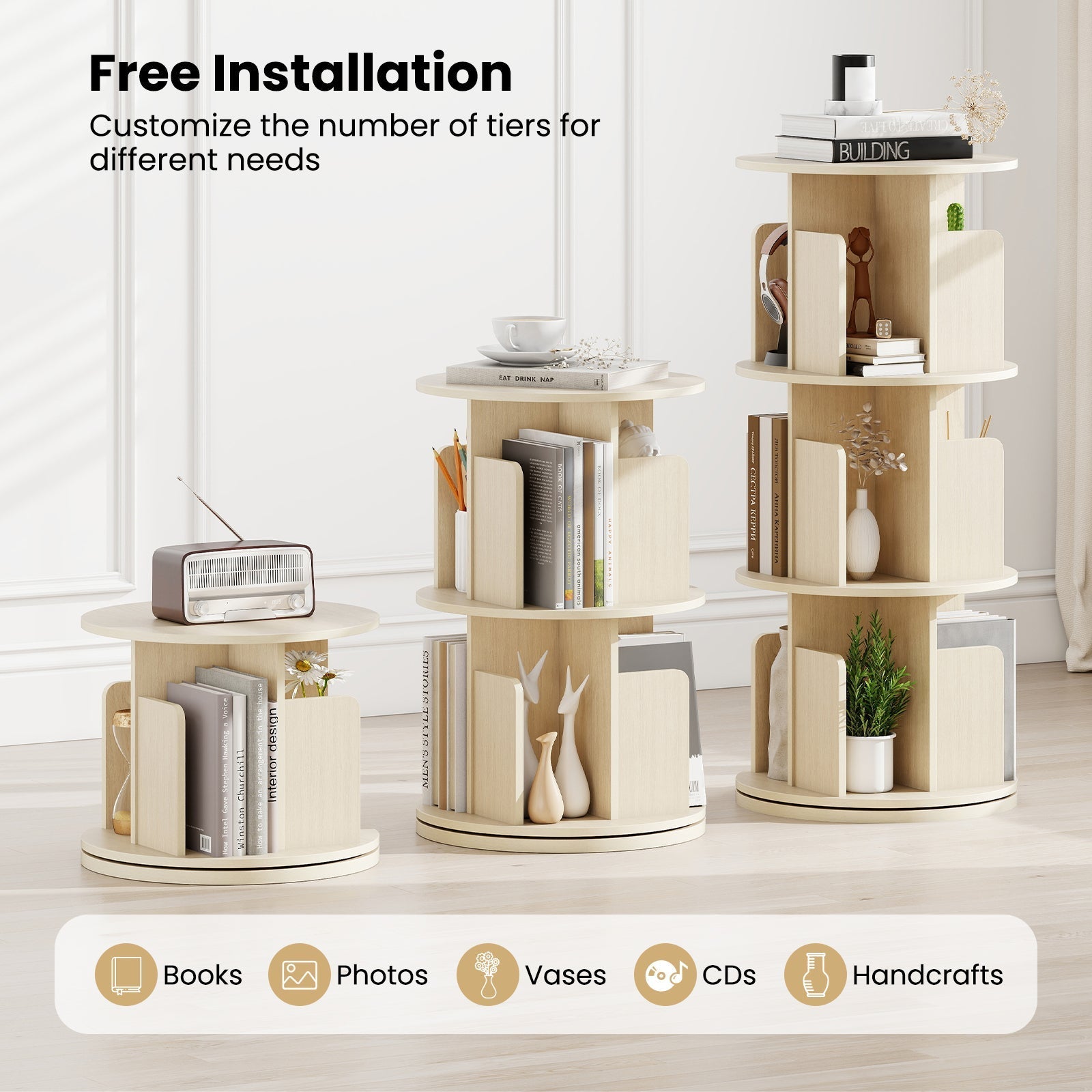 3-Tier Rotating Bookshelf with Dividers and Anti-falling Baffles