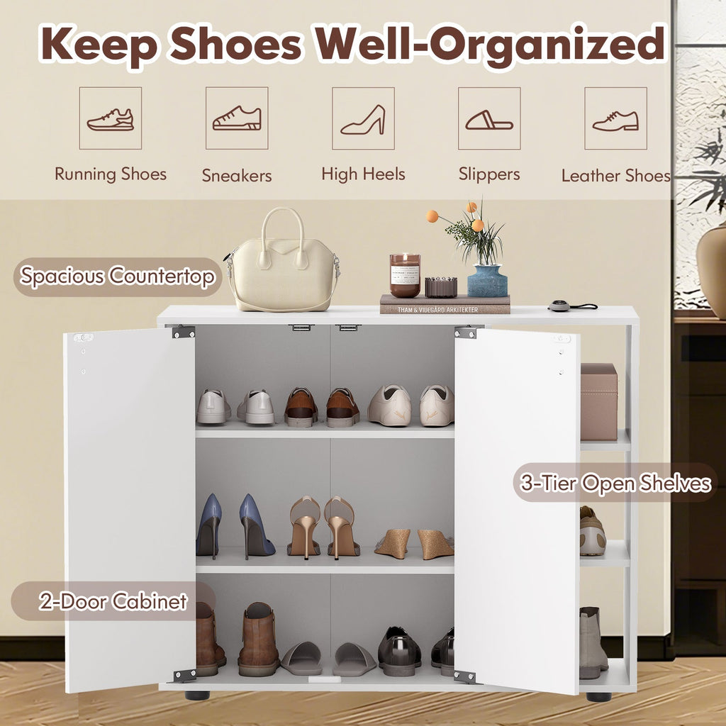 3-Tier Shoe Cabinet with Doors with Adjustable Open Shelves for Entryway