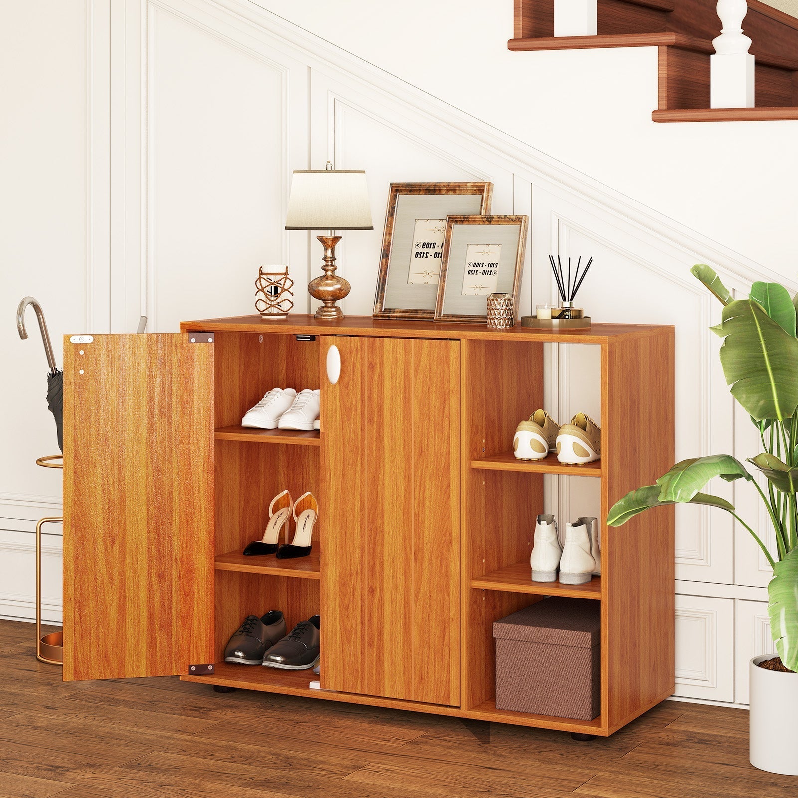 3-Tier Shoe Cabinet with Doors with Adjustable Open Shelves for Entryway