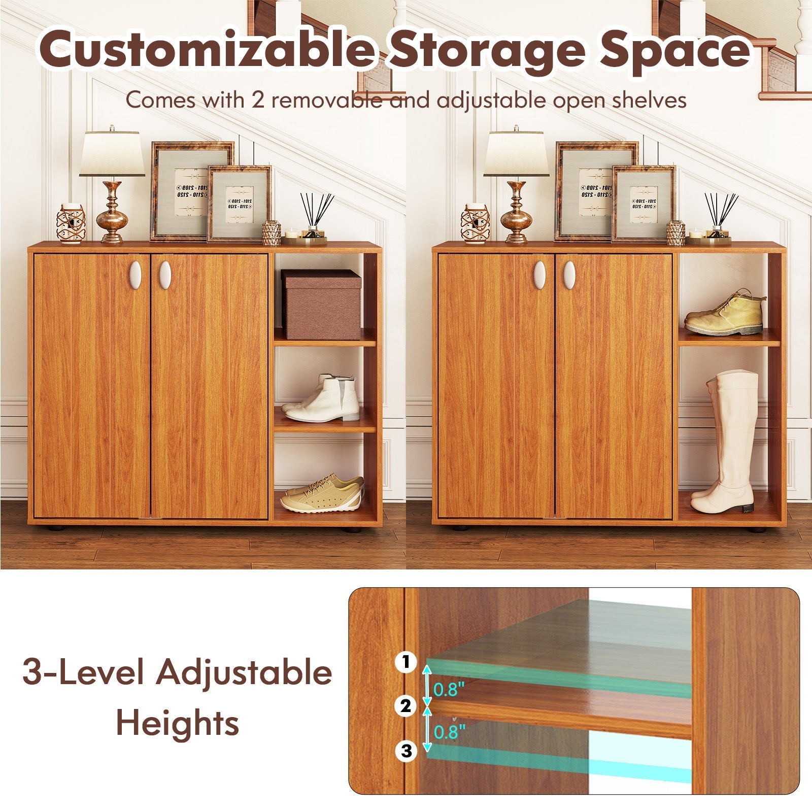 3-Tier Shoe Cabinet with Doors with Adjustable Open Shelves for Entryway