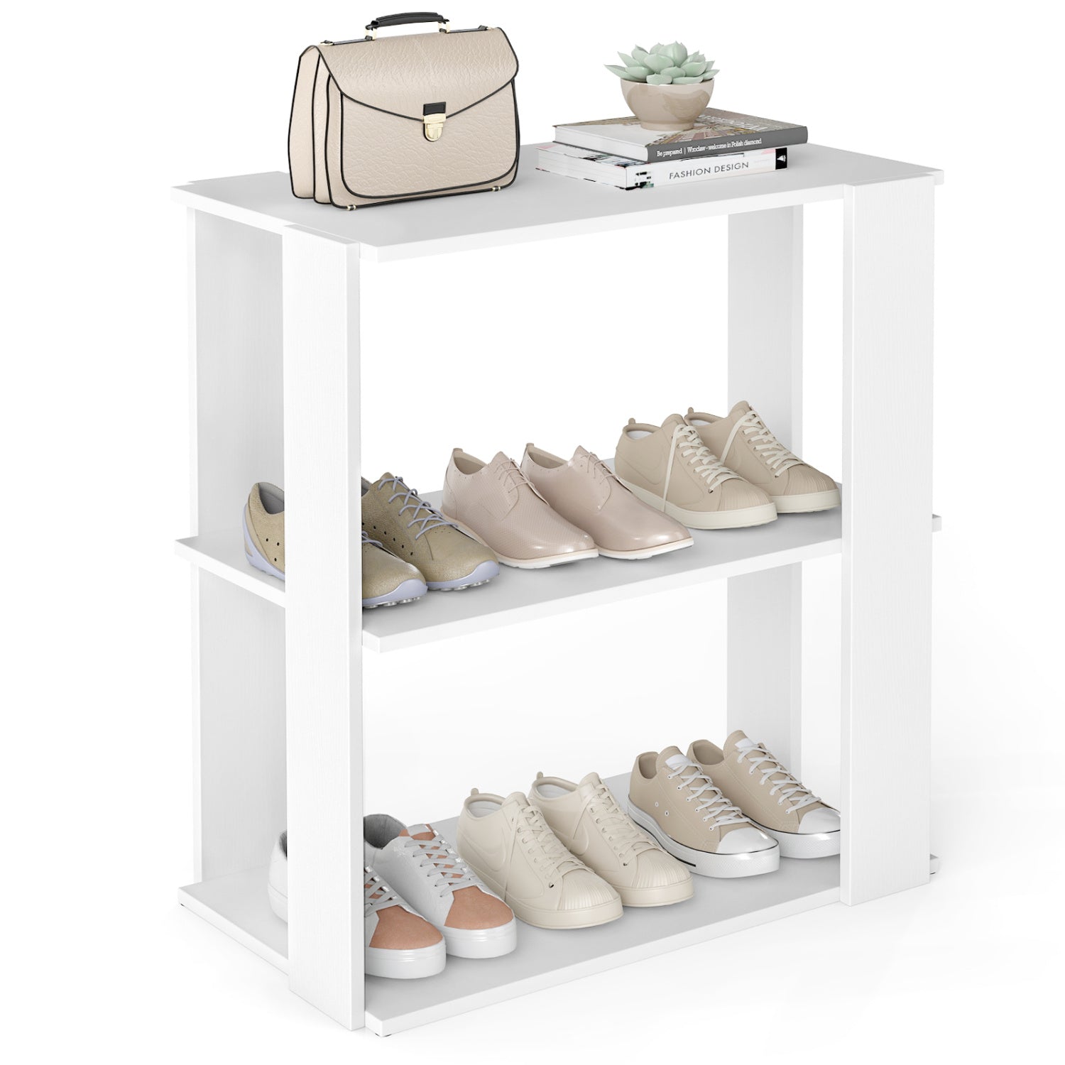 3-Tier Stackable Shoe Rack with Anti-Tip Design - White