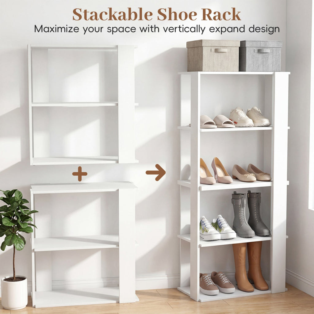 3-Tier Stackable Shoe Rack with Anti-Tip Design - White