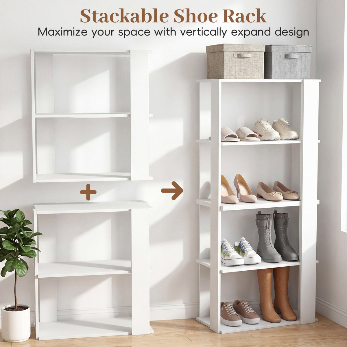 3-Tier Stackable Shoe Rack with Anti-Tip Design - White