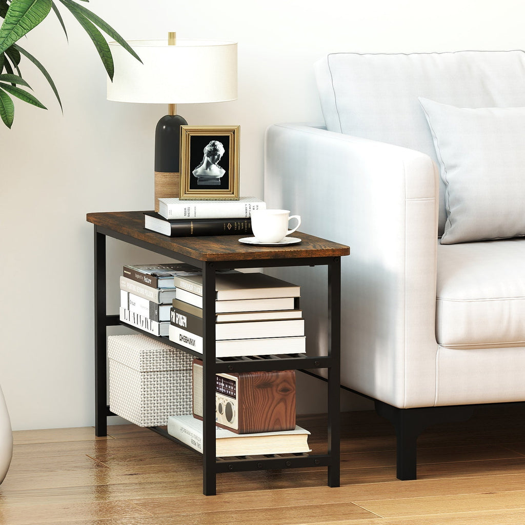 3-Tier Shoe Rack Shoe Bench with Metal Slat Shelves and Long Wooden Seat-Rustic Brown