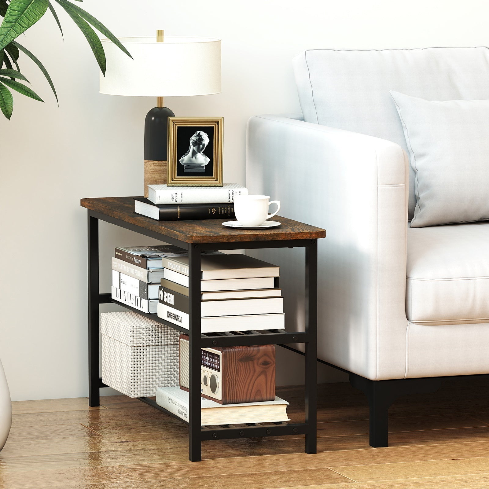 3-Tier Shoe Rack Shoe Bench with Metal Slat Shelves and Long Wooden Seat-Rustic Brown