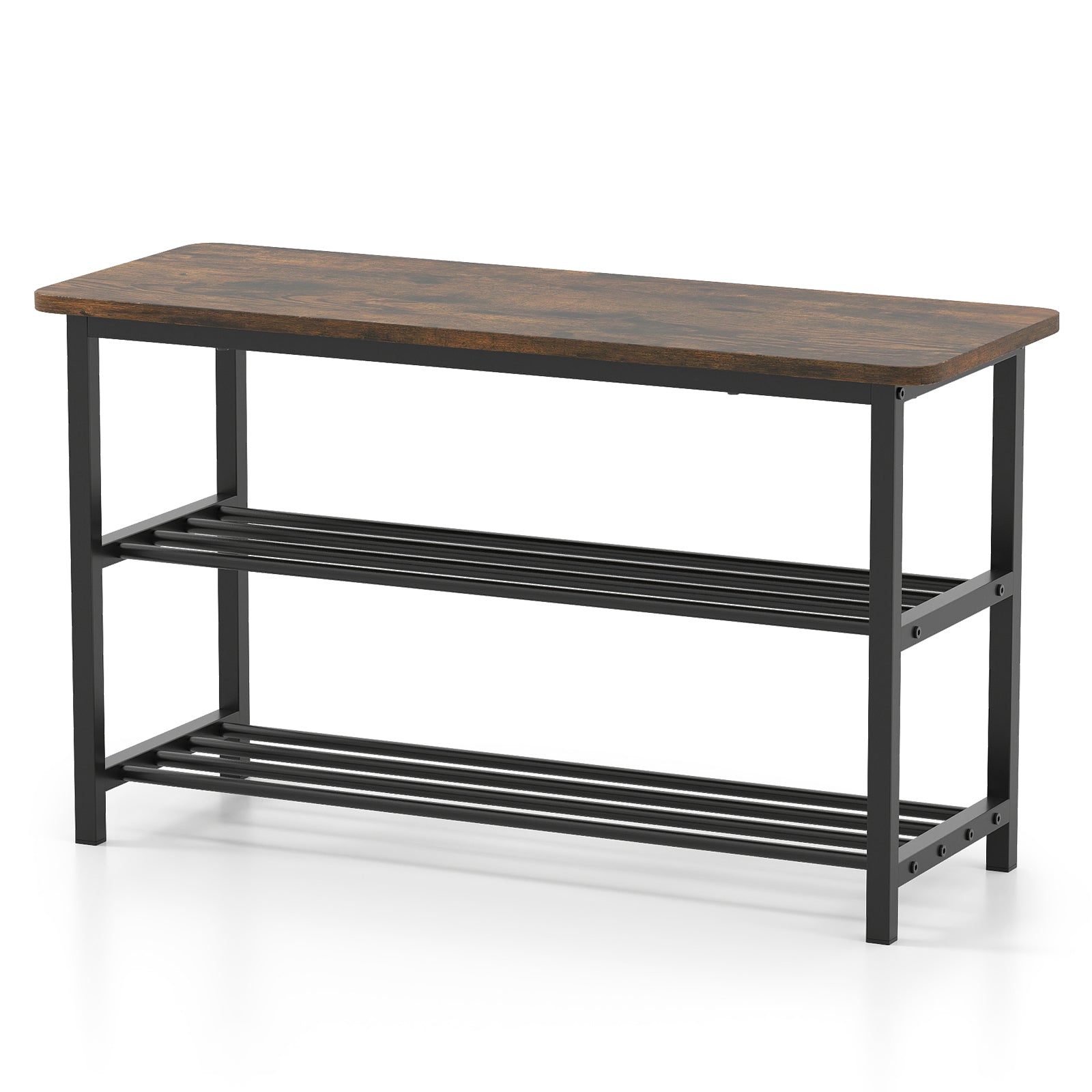 3-Tier Shoe Rack Shoe Bench with Metal Slat Shelves and Long Wooden Seat-Rustic Brown
