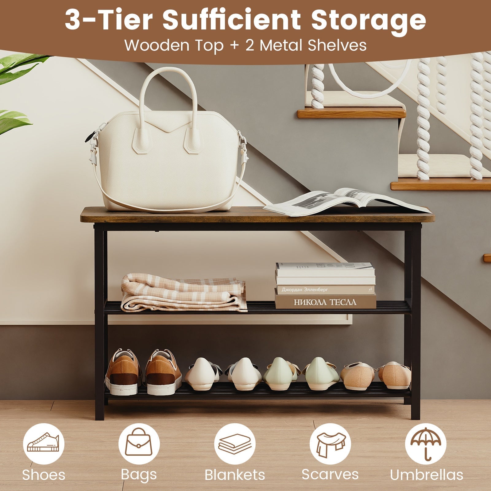 3-Tier Shoe Rack Shoe Bench with Metal Slat Shelves and Long Wooden Seat-Rustic Brown