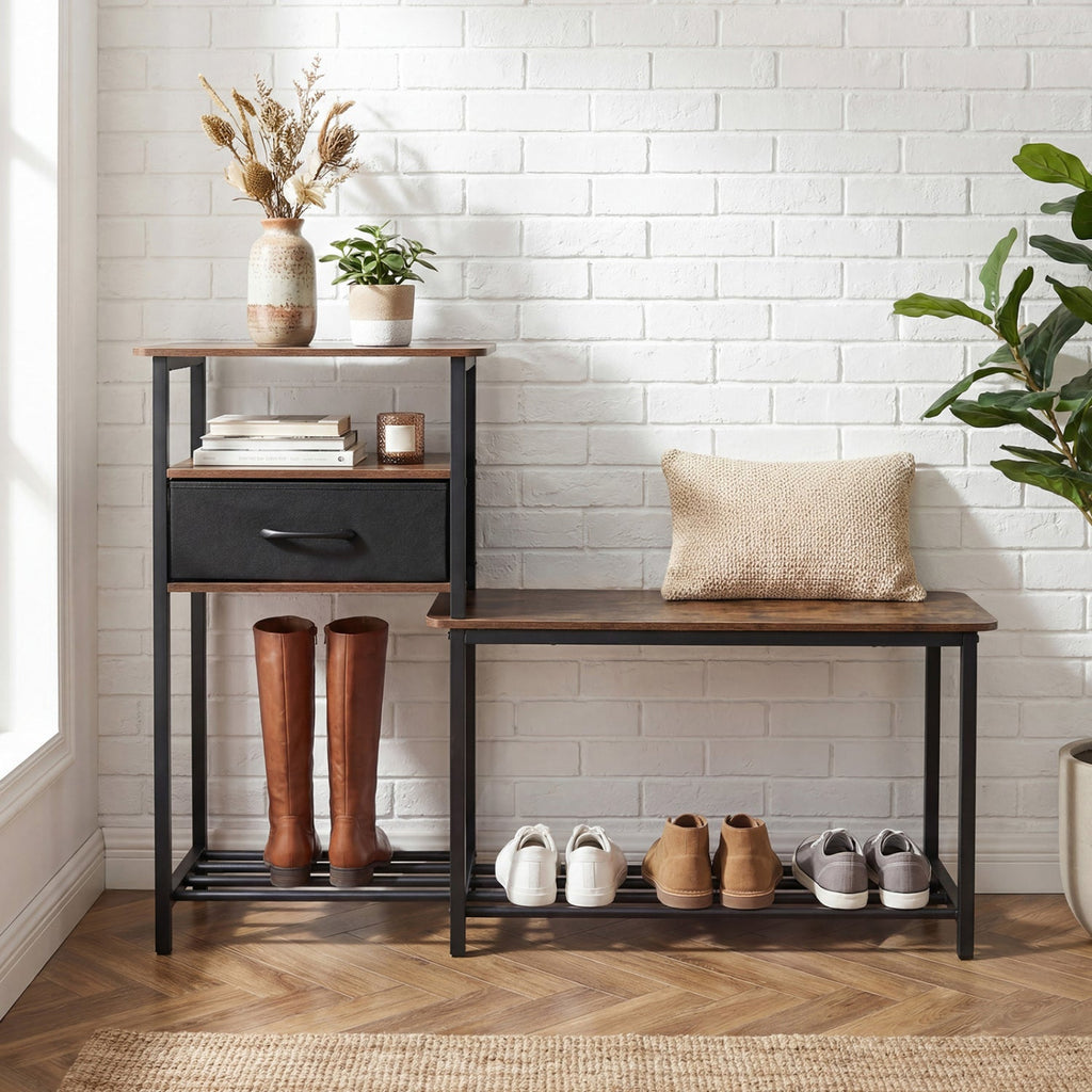 3-Tier Shoe Storage Bench with Drawer and Metal Frame