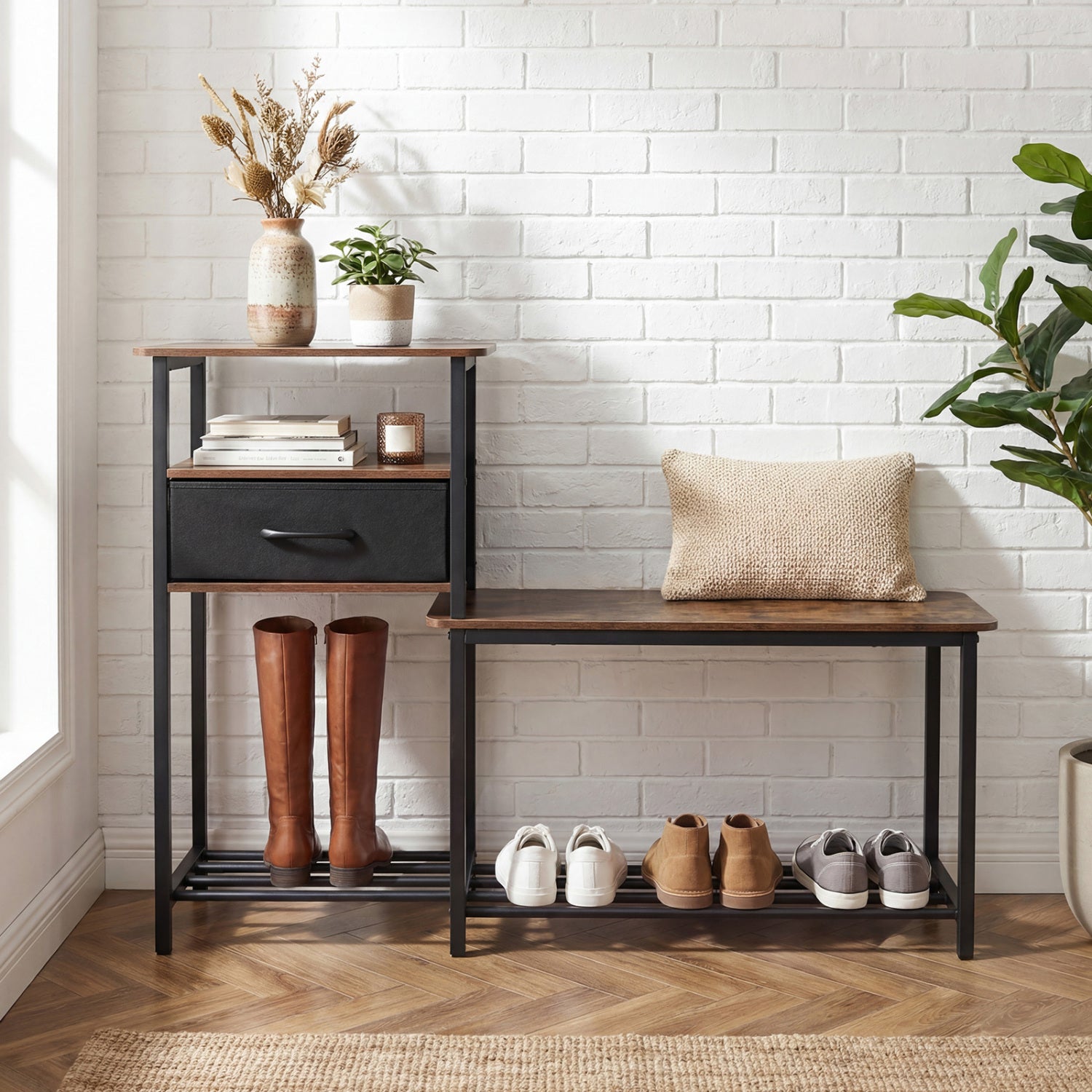 3-Tier Shoe Storage Bench with Drawer and Metal Frame