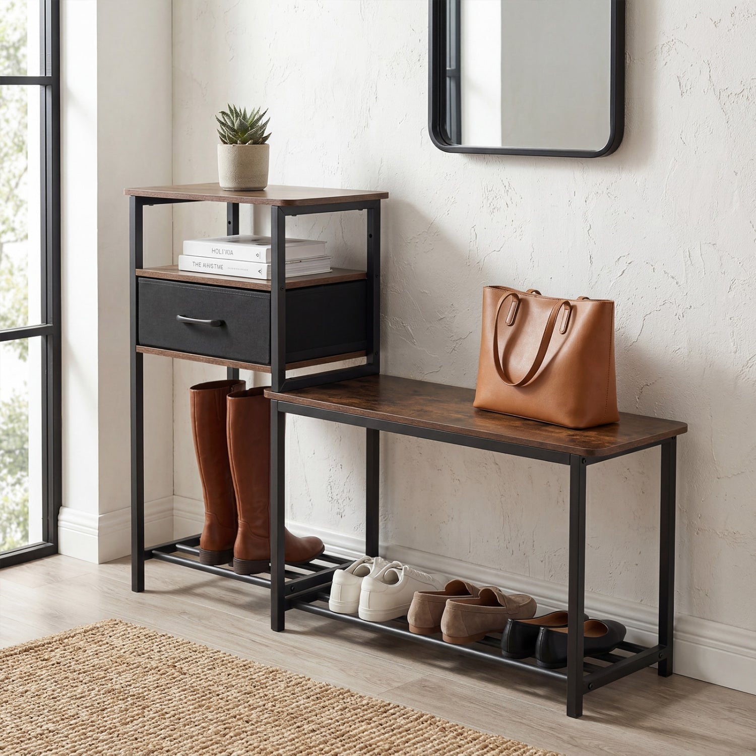 3-Tier Shoe Storage Bench with Drawer and Metal Frame