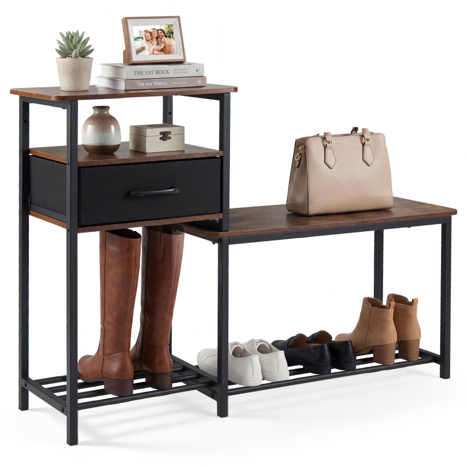 3-Tier Shoe Storage Bench with Drawer and Metal Frame