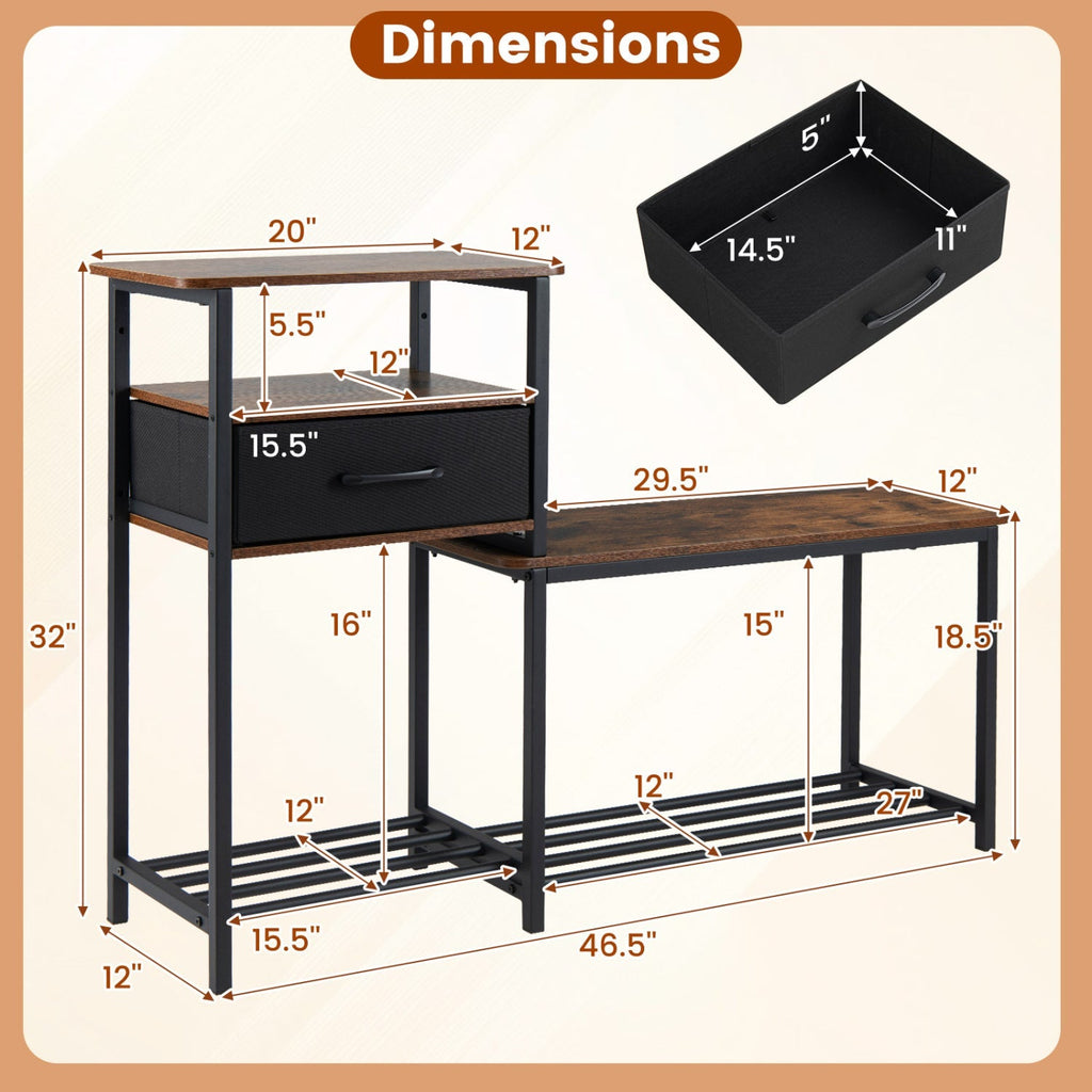 3-Tier Shoe Storage Bench with Drawer and Metal Frame