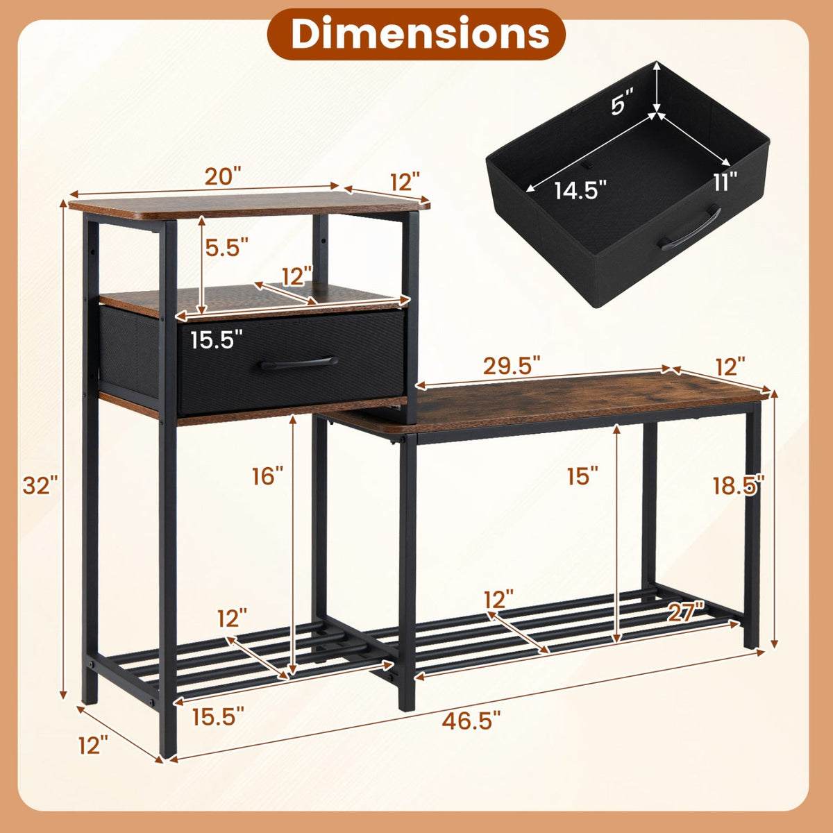3-Tier Shoe Storage Bench with Drawer and Metal Frame