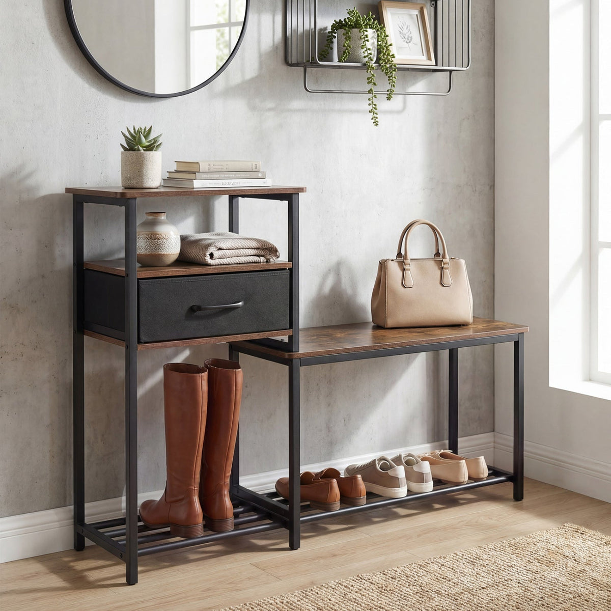 3-Tier Shoe Storage Bench with Drawer and Metal Frame