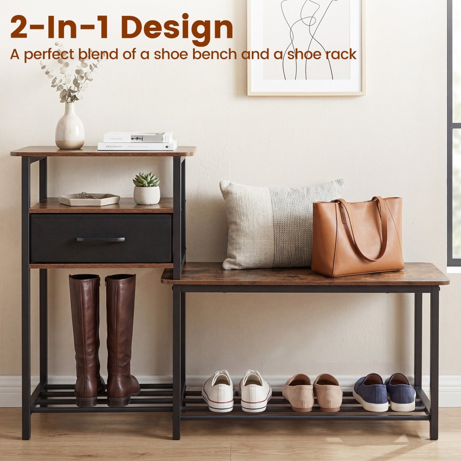 3-Tier Shoe Storage Bench with Drawer and Metal Frame