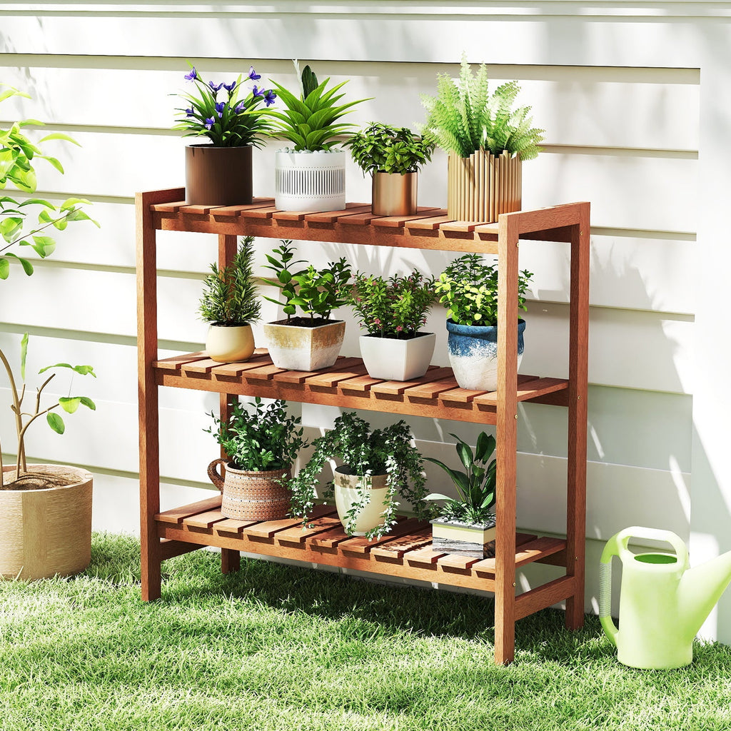 3-Tier Solid Wood Plant Stand with Slatted Shelves