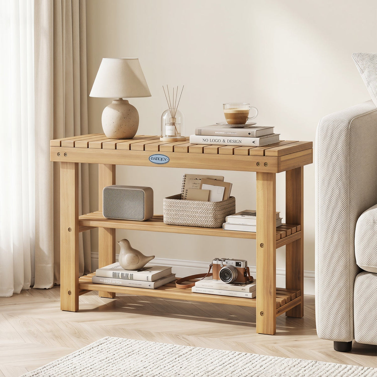 3-Tier Solid Wood Shoe Rack Bench with Slatted Shelves