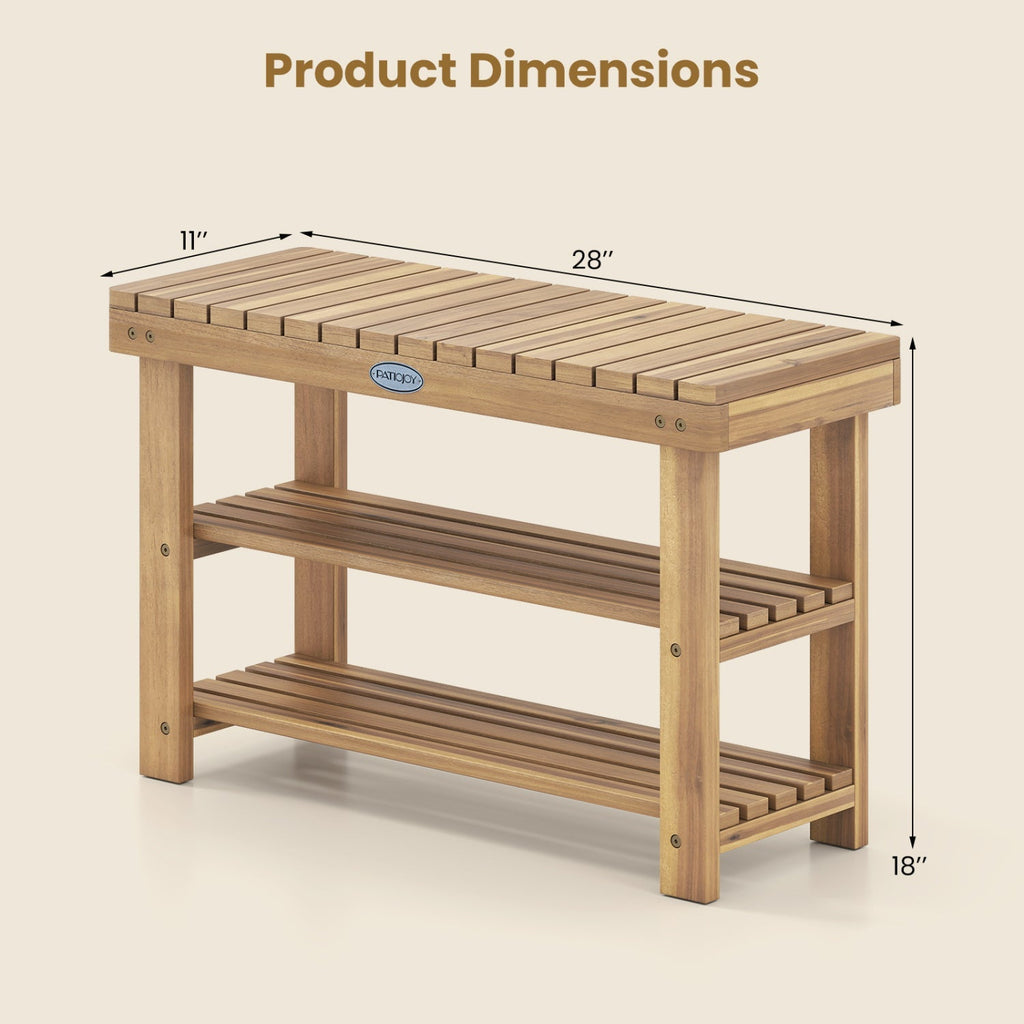 3-Tier Solid Wood Shoe Rack Bench with Slatted Shelves