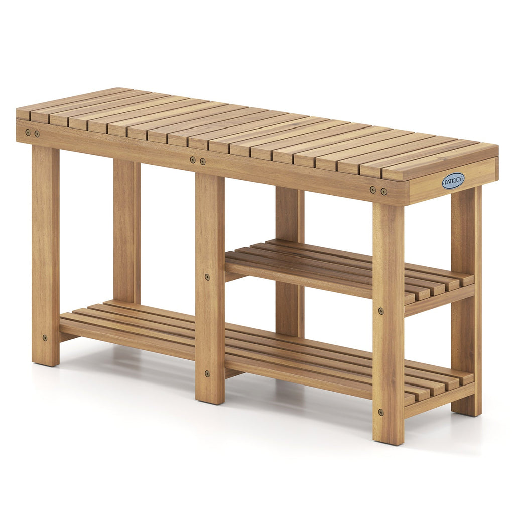 3-Tier Solid Wood Shoe Rack Bench with Slatted Shelves